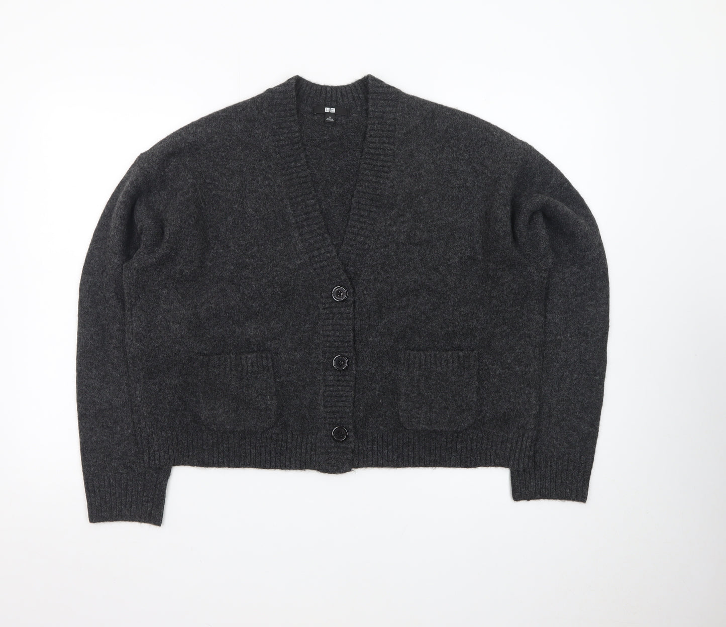 Uniqlo Women Grey Wool V-Neck Cardigan S Relaxed Fit Knitwear