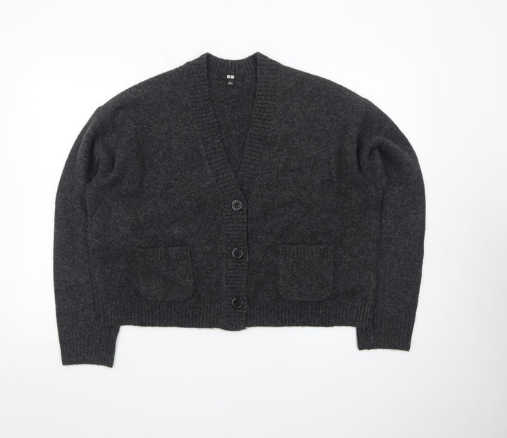 Uniqlo Women Grey Wool V-Neck Cardigan S Relaxed Fit Knitwear