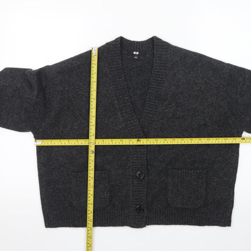 Uniqlo Women Grey Wool V-Neck Cardigan S Relaxed Fit Knitwear