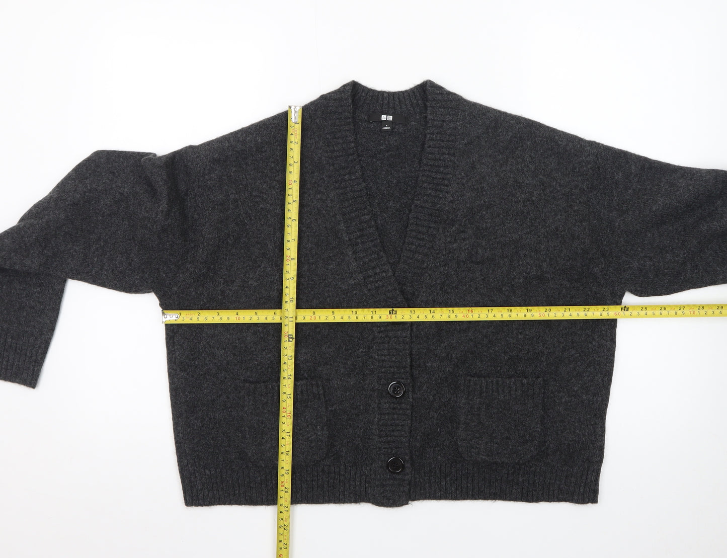 Uniqlo Women Grey Wool V-Neck Cardigan S Relaxed Fit Knitwear