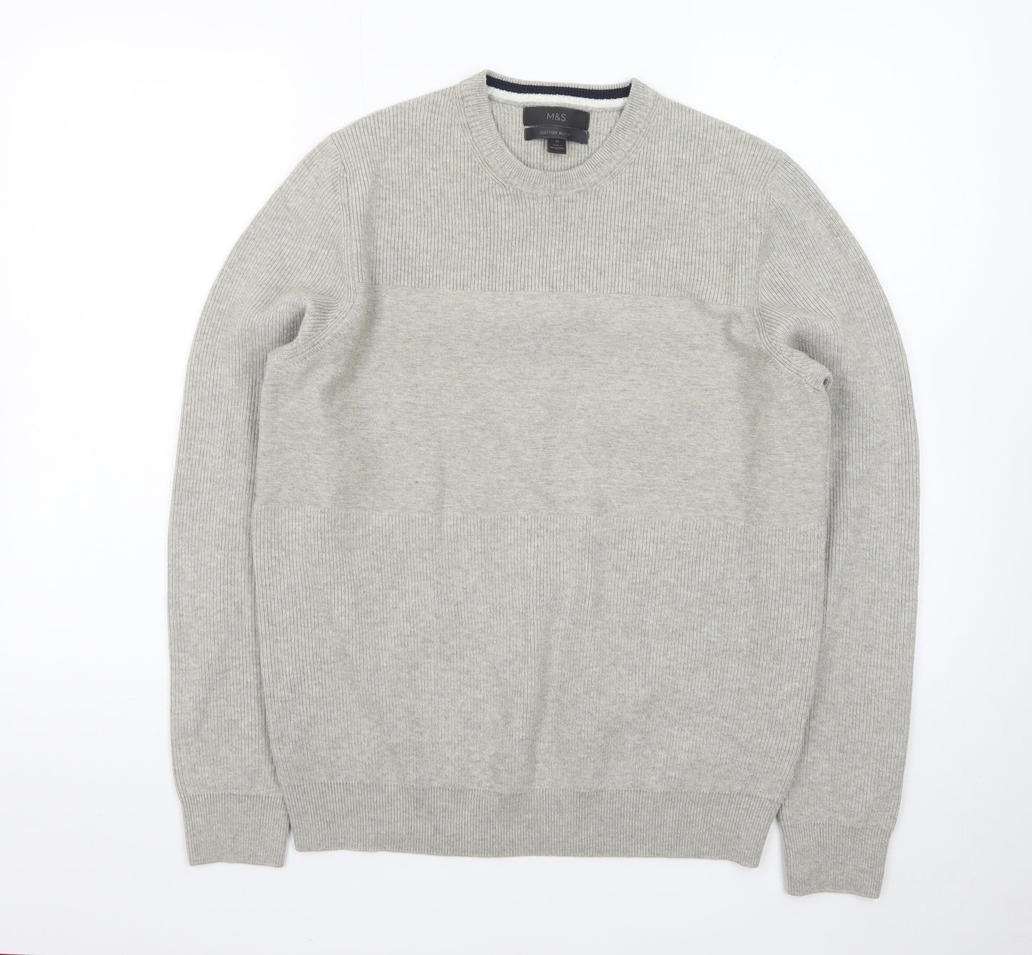 Marks and Spencer Men Grey Cotton Blend Crew Neck Jumper Size M