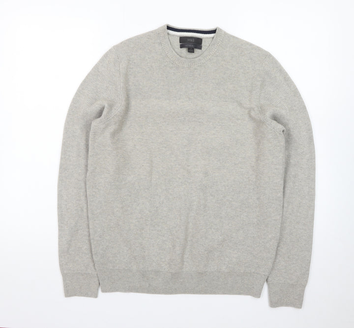 Marks and Spencer Men Grey Cotton Blend Crew Neck Jumper Size M