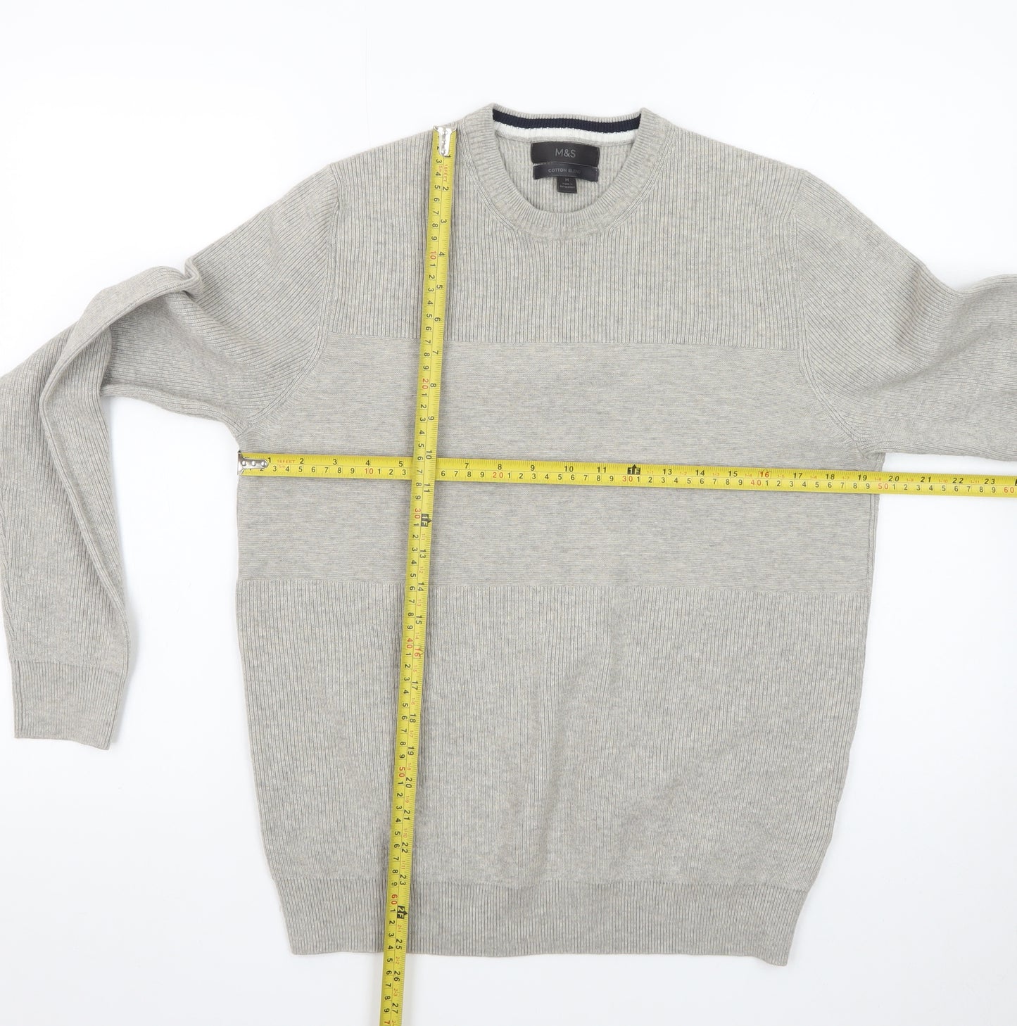 Marks and Spencer Men Grey Cotton Blend Crew Neck Jumper Size M