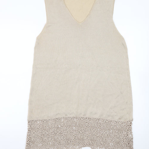 Design Women Beige Knit Crochet Hem Sleeveless Shift Dress Size 18