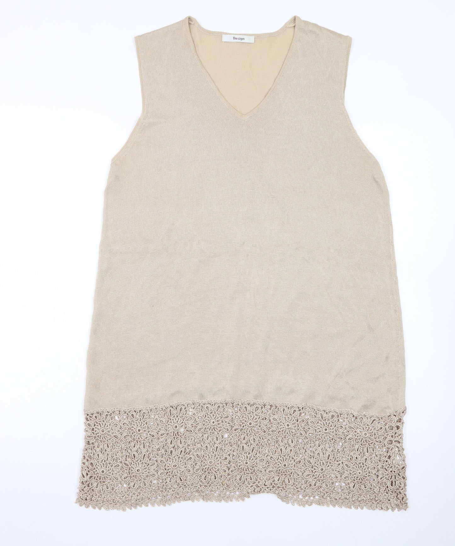 Design Women Beige Knit Crochet Hem Sleeveless Shift Dress Size 18