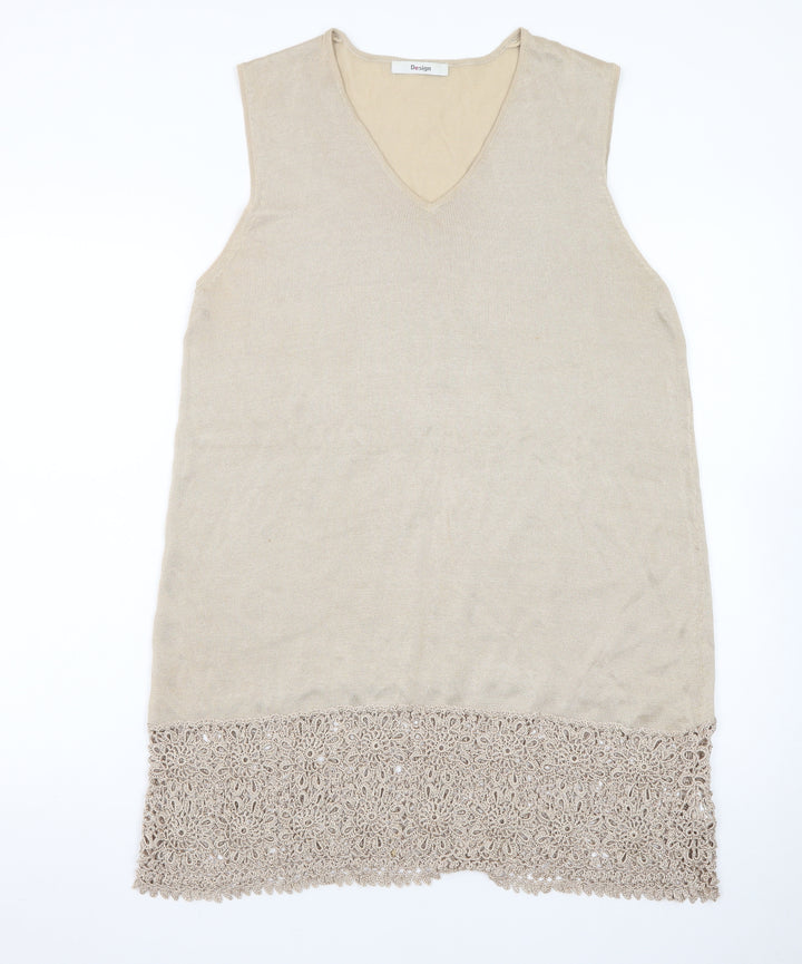 Design Women Beige Knit Crochet Hem Sleeveless Shift Dress Size 18