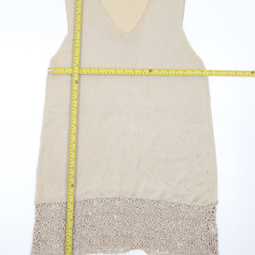 Design Women Beige Knit Crochet Hem Sleeveless Shift Dress Size 18