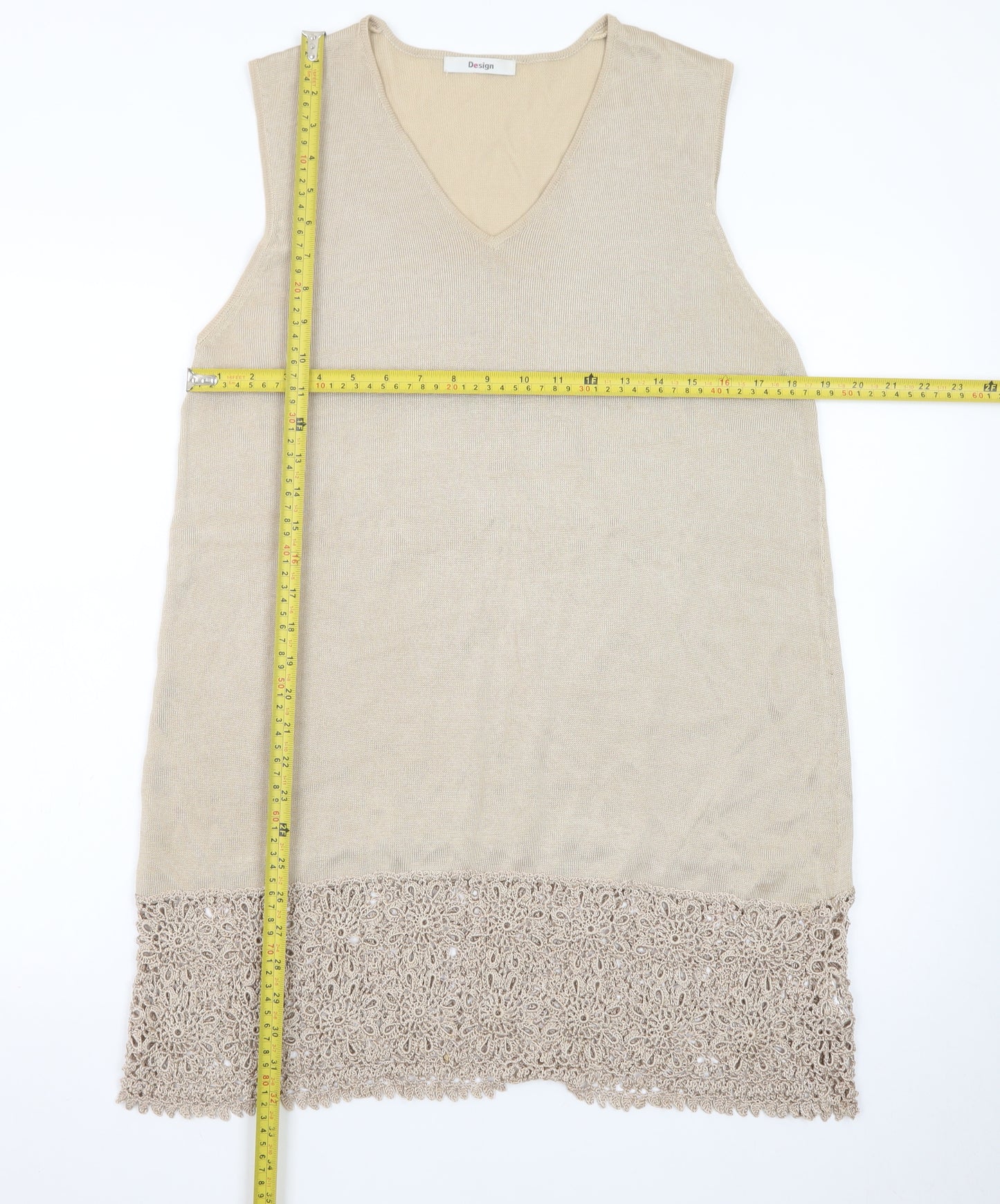 Design Women Beige Knit Crochet Hem Sleeveless Shift Dress Size 18