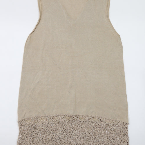 Design Women Beige Knit Crochet Hem Sleeveless Shift Dress Size 18