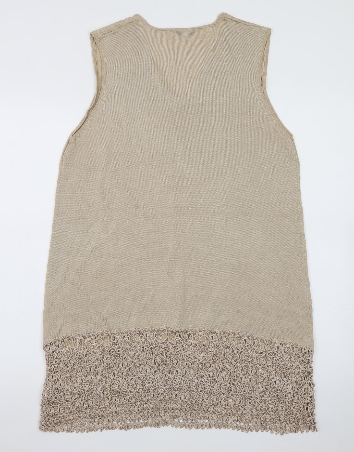 Design Women Beige Knit Crochet Hem Sleeveless Shift Dress Size 18