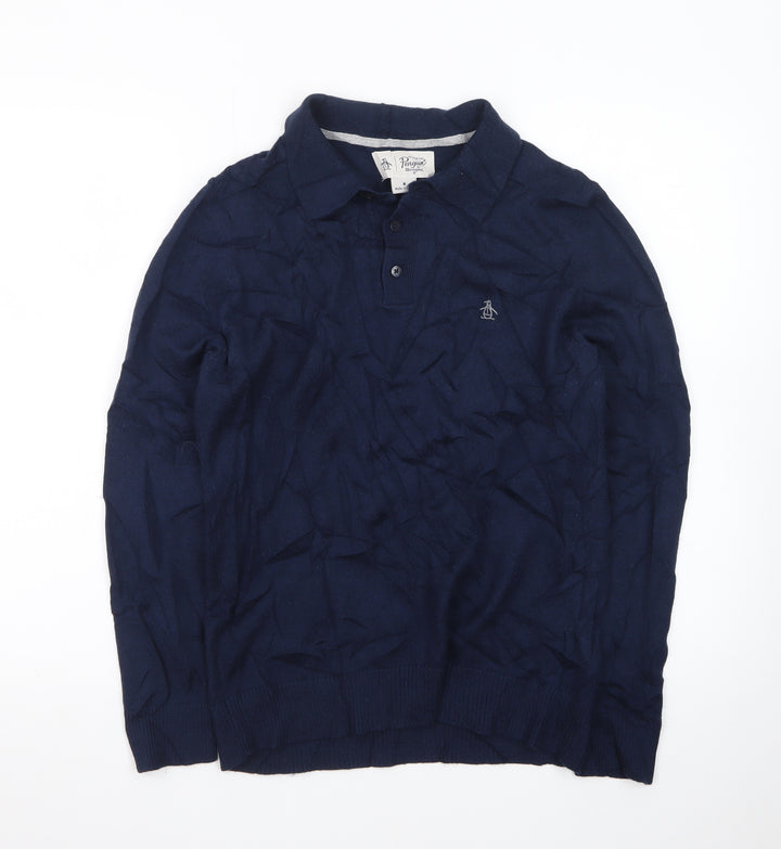 Original Penguin Men's Navy Blue Collared Cotton Pullover Jumper M