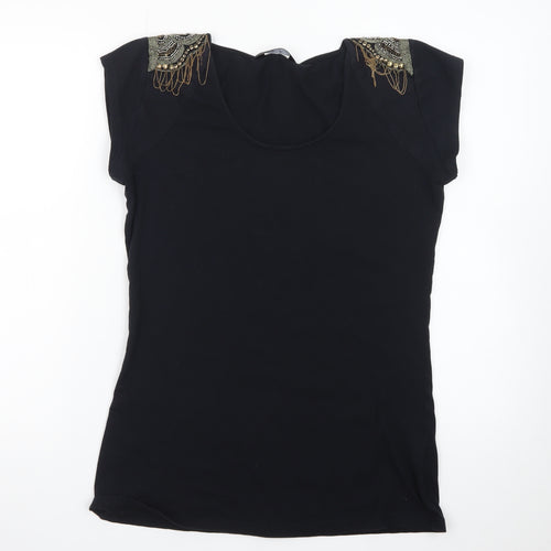 F&F Women’s Black Beaded Shoulder Short Sleeve Jersey Top Size 12