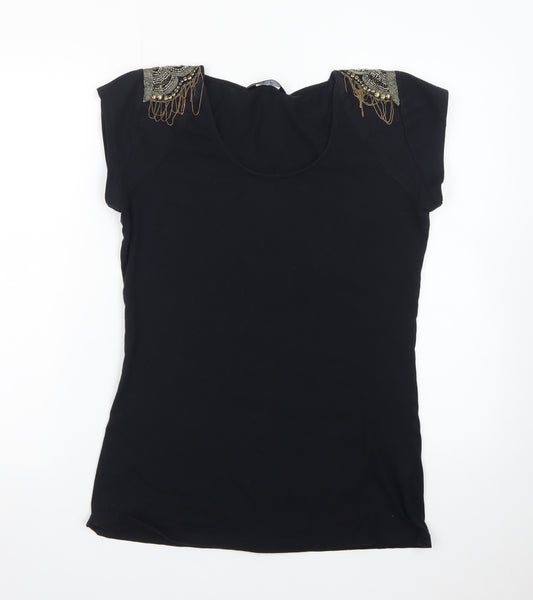 F&F Women’s Black Beaded Shoulder Short Sleeve Jersey Top Size 12