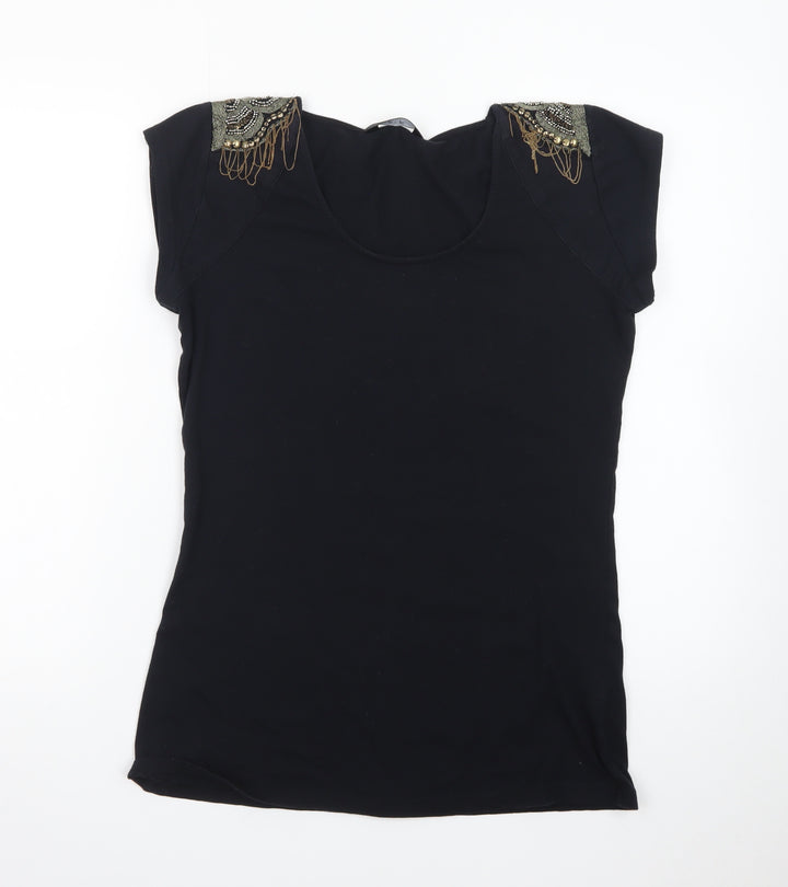 F&F Women’s Black Beaded Shoulder Short Sleeve Jersey Top Size 12