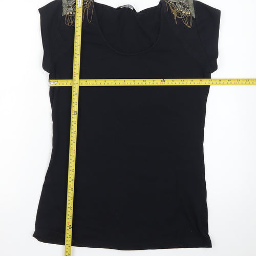 F&F Women’s Black Beaded Shoulder Short Sleeve Jersey Top Size 12