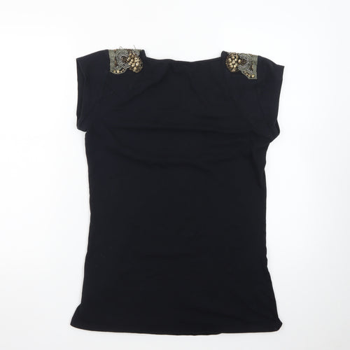 F&F Women’s Black Beaded Shoulder Short Sleeve Jersey Top Size 12