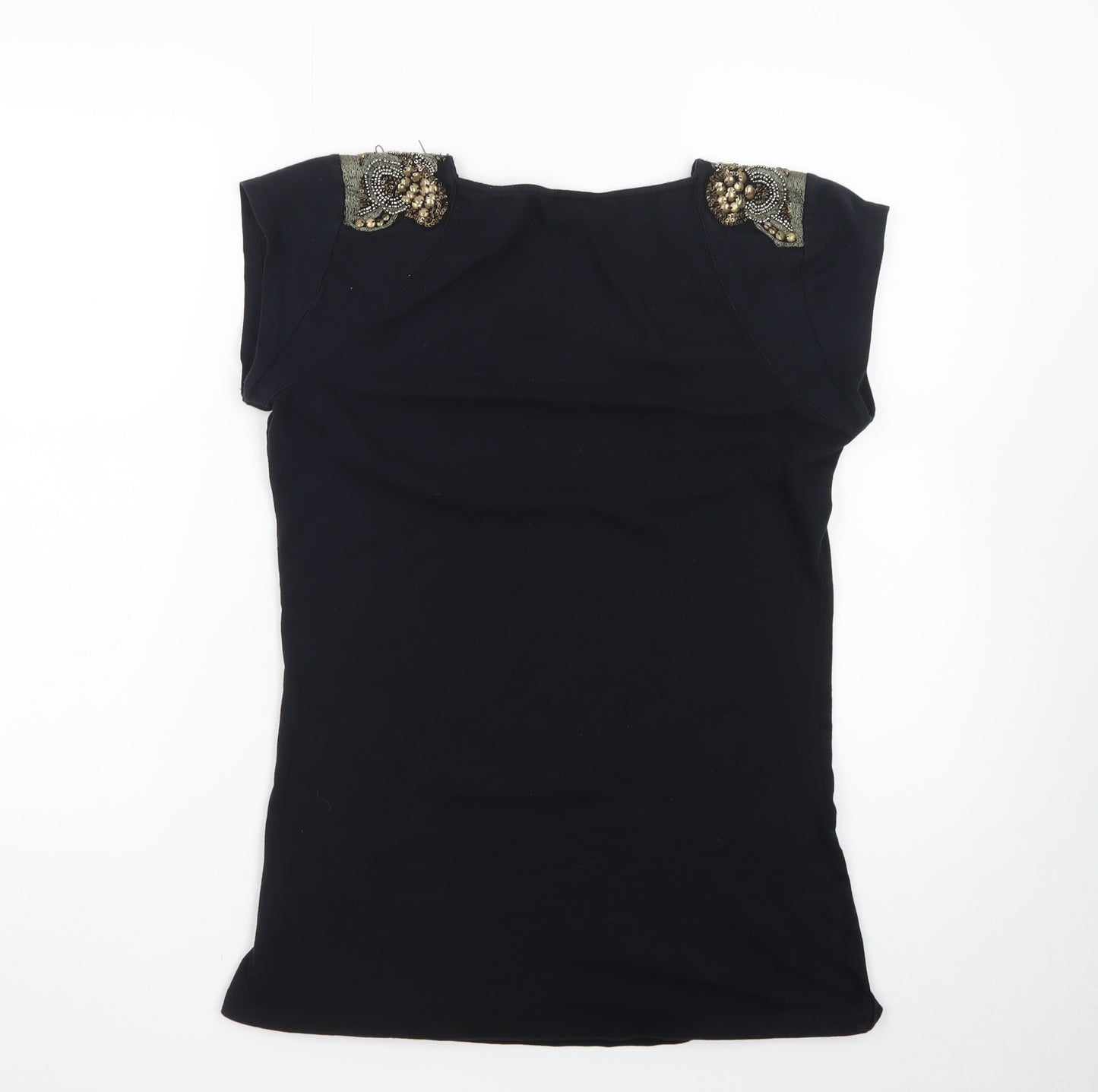 F&F Women’s Black Beaded Shoulder Short Sleeve Jersey Top Size 12