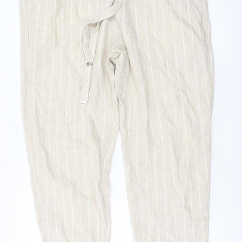 Marks and Spencer Women Beige Striped Linen-Blend Cropped Trousers Size 16