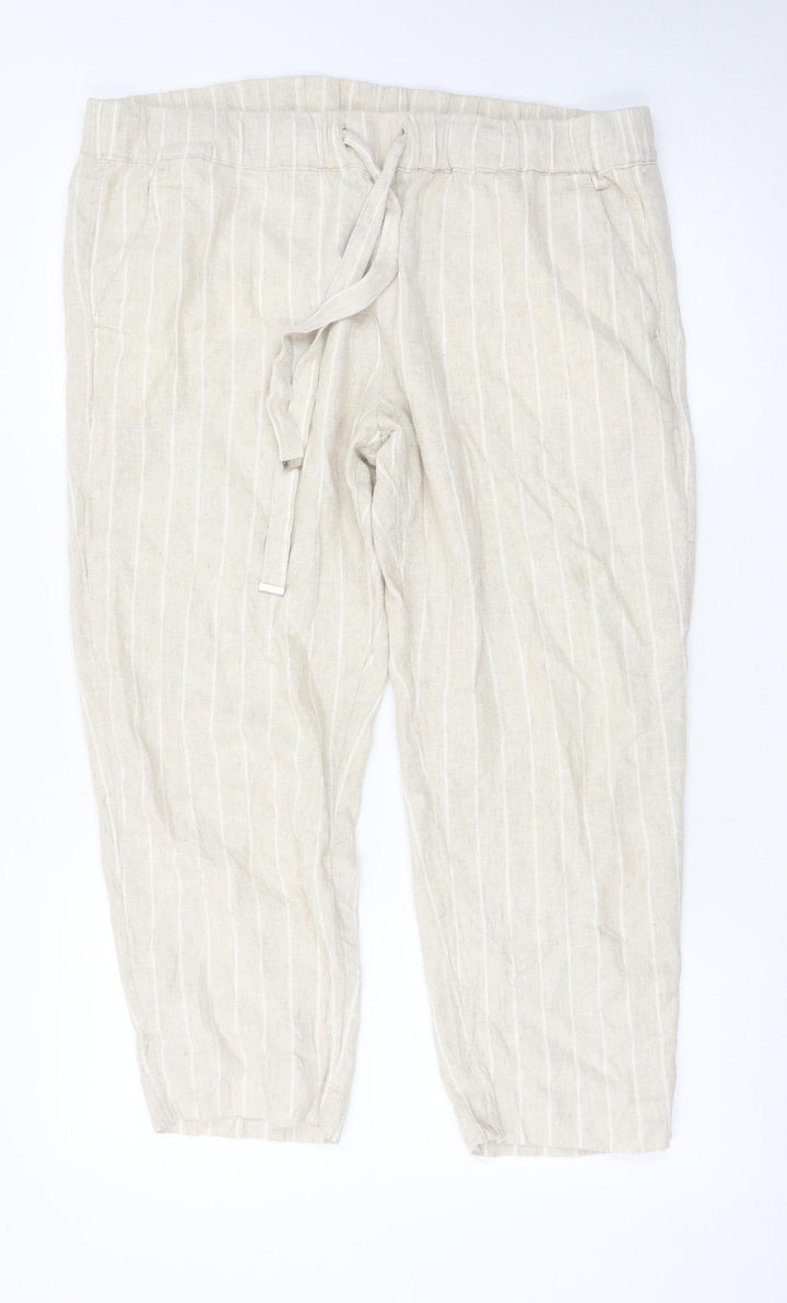 Marks and Spencer Women Beige Striped Linen-Blend Cropped Trousers Size 16