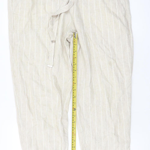 Marks and Spencer Women Beige Striped Linen-Blend Cropped Trousers Size 16