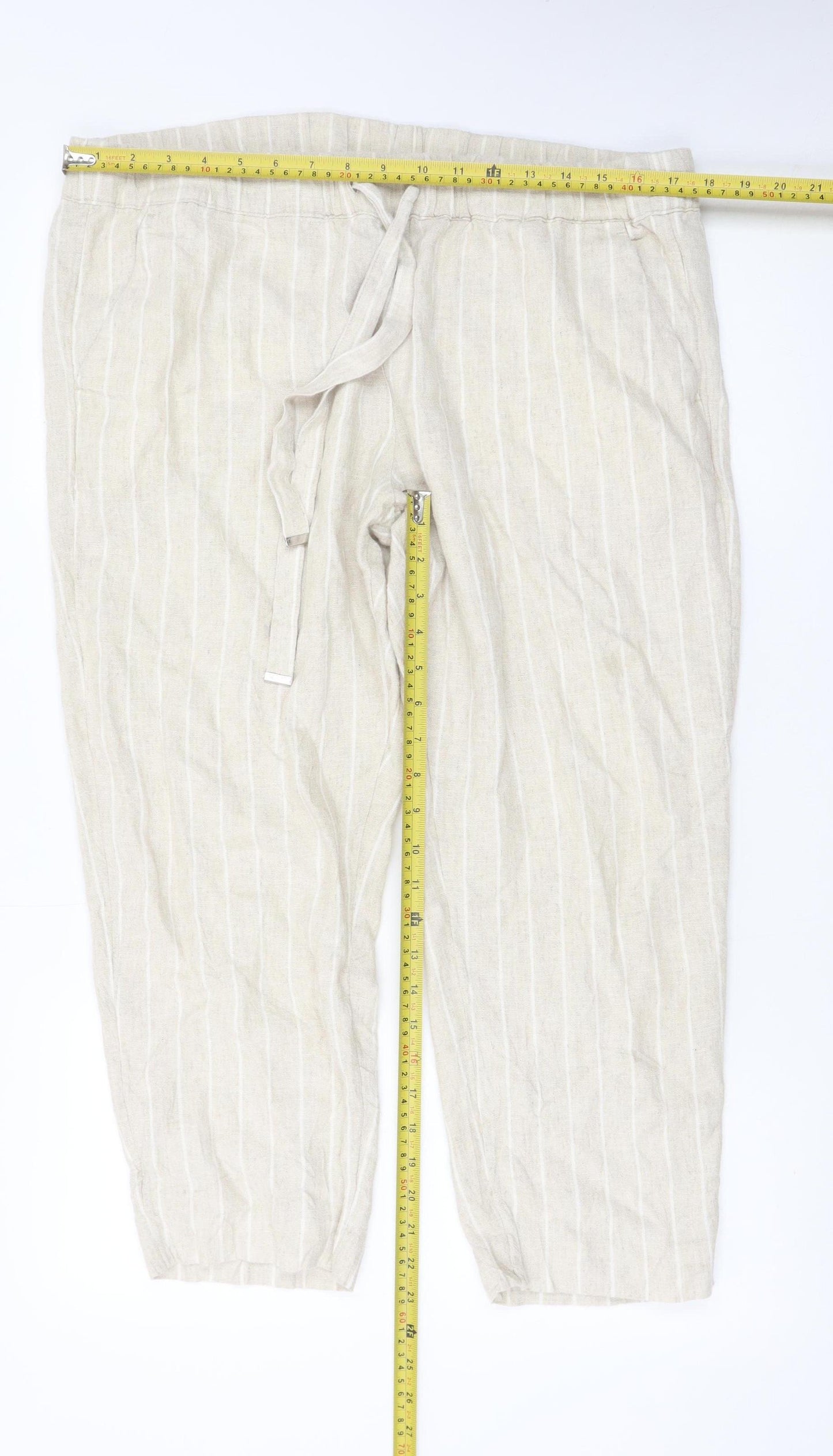 Marks and Spencer Women Beige Striped Linen-Blend Cropped Trousers Size 16