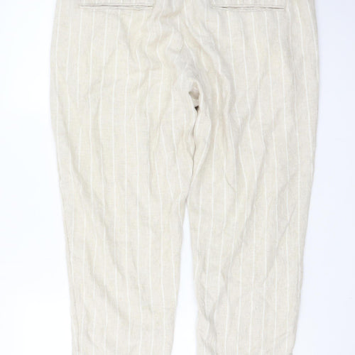 Marks and Spencer Women Beige Striped Linen-Blend Cropped Trousers Size 16