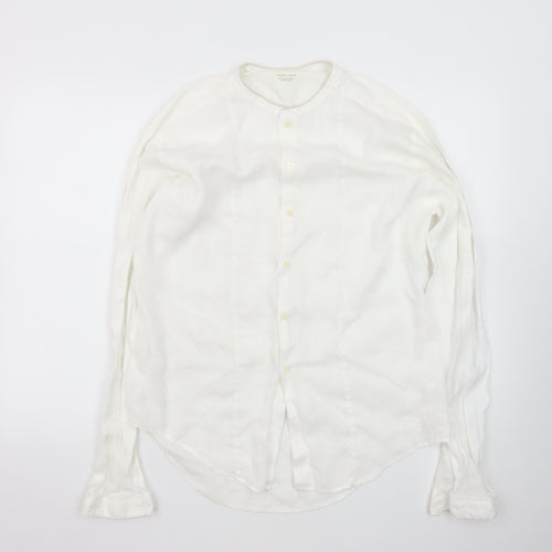 Zara Man White Linen Long Sleeve Band Collar Shirt XL