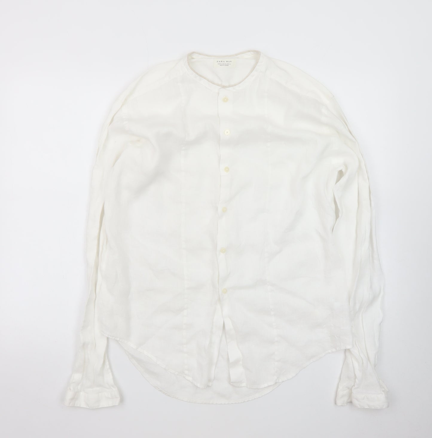 Zara Man White Linen Long Sleeve Band Collar Shirt XL