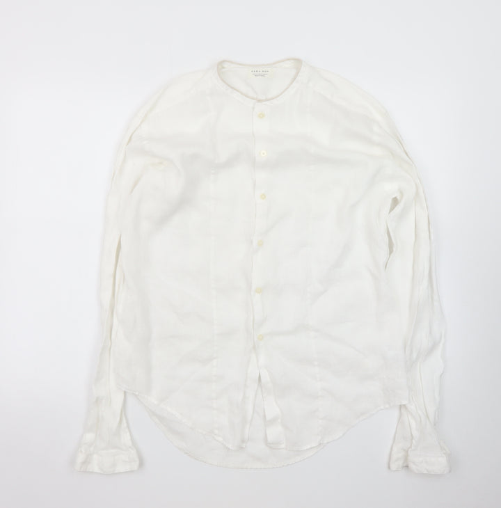 Zara Man White Linen Long Sleeve Band Collar Shirt XL