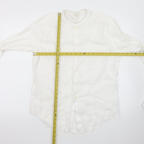 Zara Man White Linen Long Sleeve Band Collar Shirt XL
