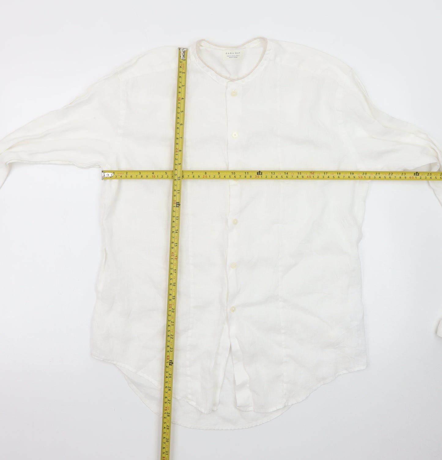 Zara Man White Linen Long Sleeve Band Collar Shirt XL