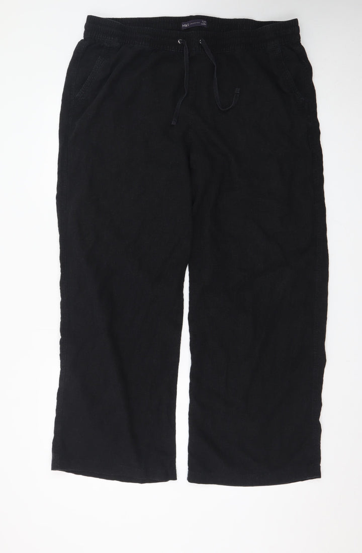 Marks and Spencer Women Black Linen Blend Wide-Leg Trousers Size 18