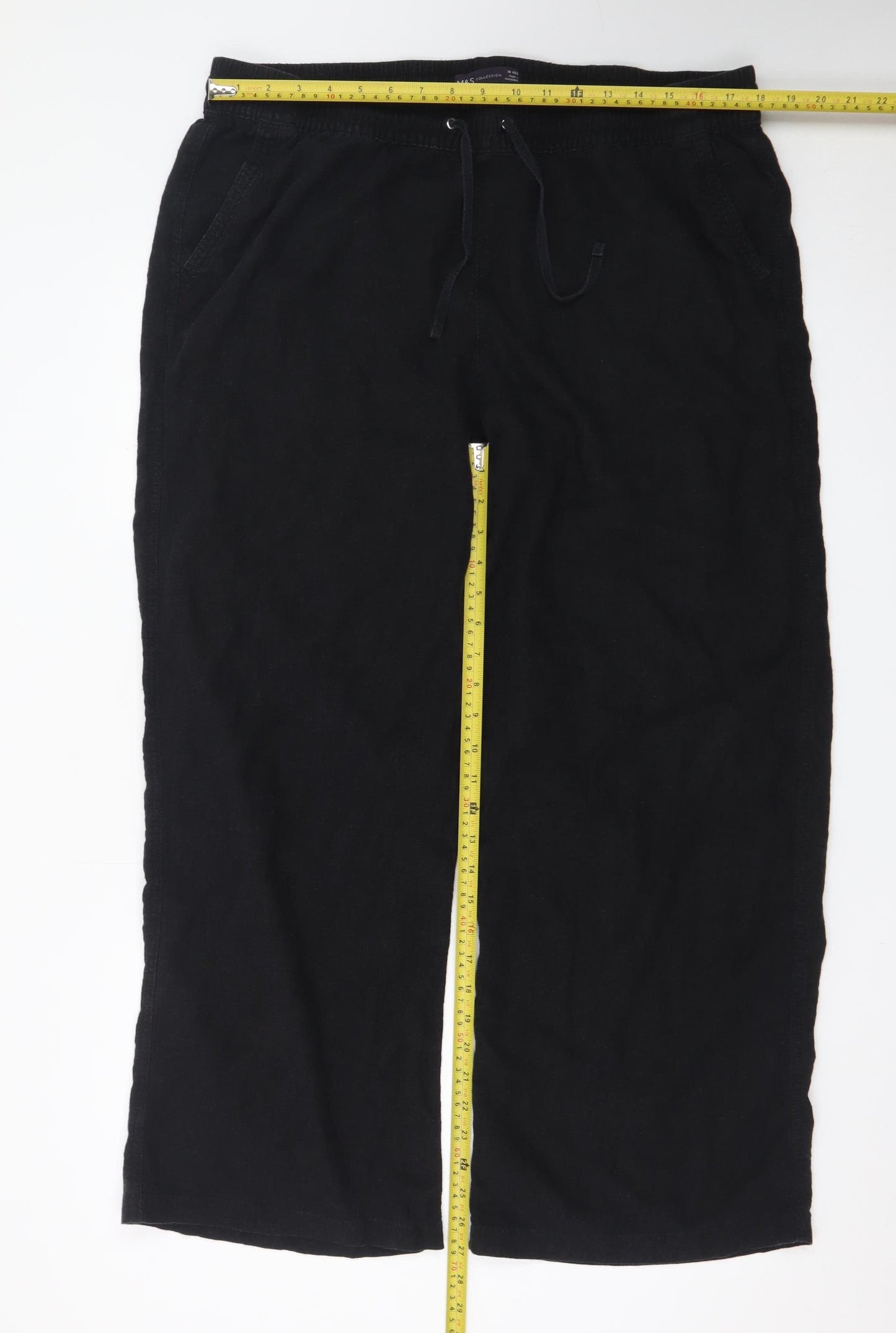 Marks and Spencer Women Black Linen Blend Wide-Leg Trousers Size 18