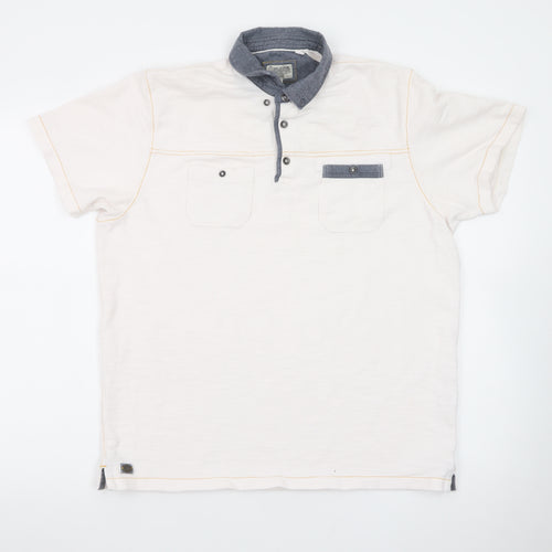 Next Men Beige Short Sleeve Polo Shirt L 100% Cotton Button Pockets