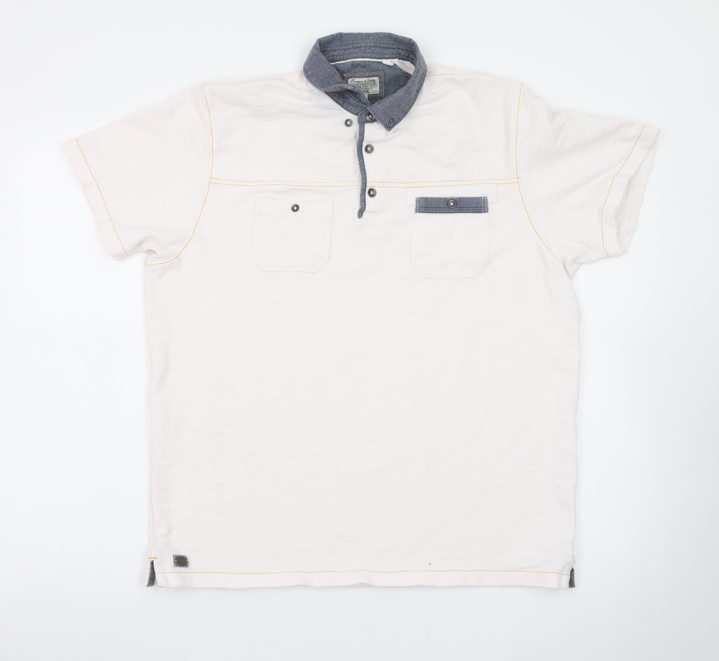 Next Men Beige Short Sleeve Polo Shirt L 100% Cotton Button Pockets
