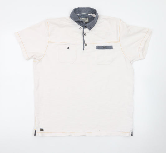 Next Men Beige Short Sleeve Polo Shirt L 100% Cotton Button Pockets