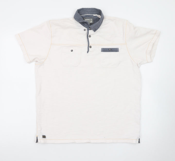 Next Men Beige Short Sleeve Polo Shirt L 100% Cotton Button Pockets