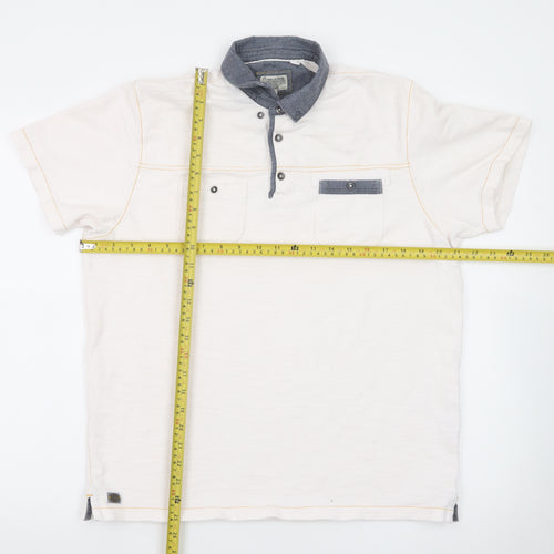 Next Men Beige Short Sleeve Polo Shirt L 100% Cotton Button Pockets