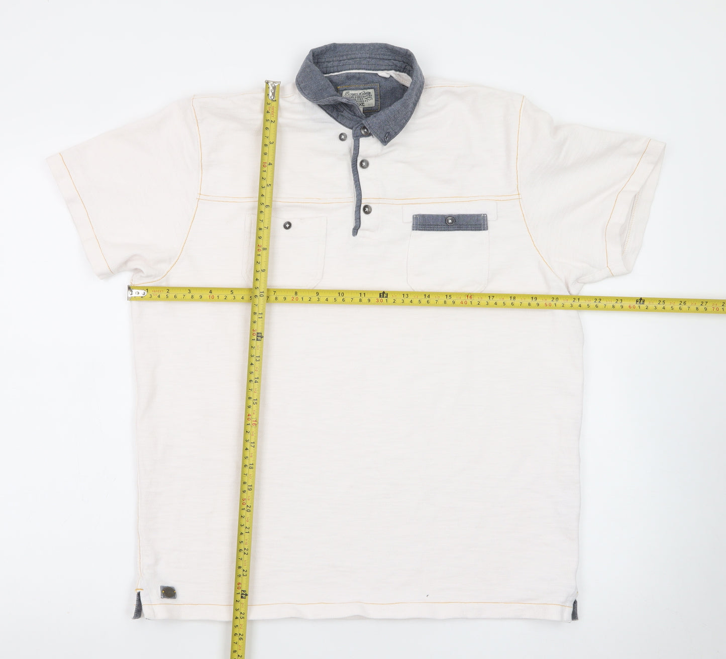 Next Men Beige Short Sleeve Polo Shirt L 100% Cotton Button Pockets