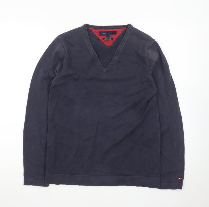 Tommy Hilfiger Men's Blue Cotton V-Neck Jumper Size S