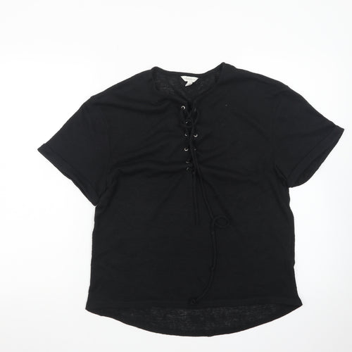 Monsoon Women's Black Lace Up Short Sleeve Cotton T-Shirt M