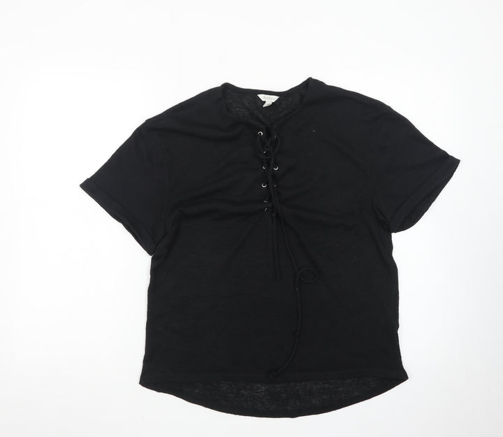 Monsoon Women's Black Lace Up Short Sleeve Cotton T-Shirt M