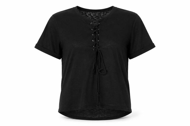 Monsoon Women's Black Lace Up Short Sleeve Cotton T-Shirt M