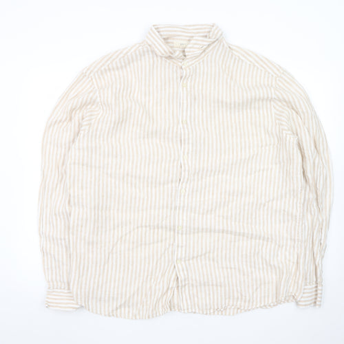 Marks and Spencer Men's Beige Striped Linen Blend Long Sleeve Shirt 2XL