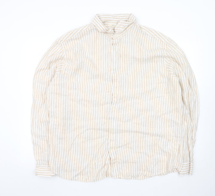 Marks and Spencer Men's Beige Striped Linen Blend Long Sleeve Shirt 2XL