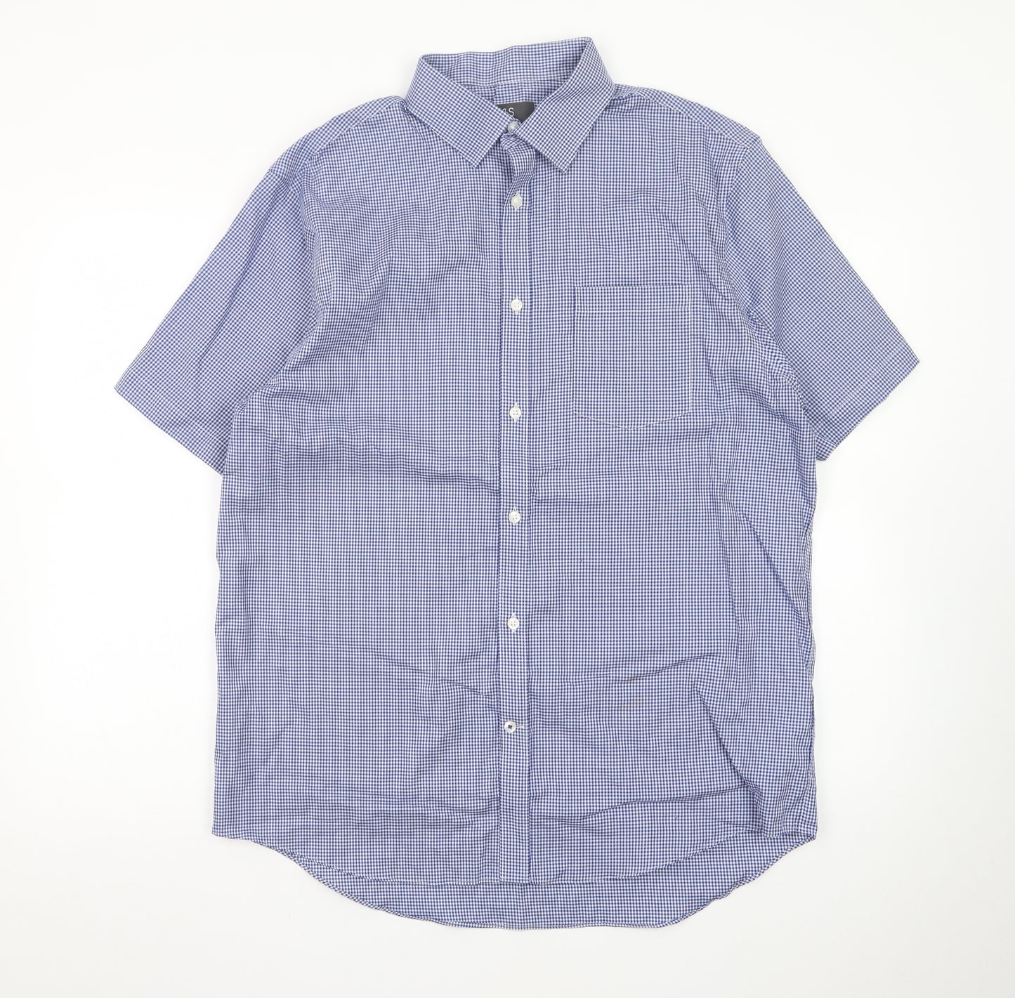 Marks and Spencer Men's Blue Check Regular Fit Short Sleeve Dress Shirt 16.5in 42