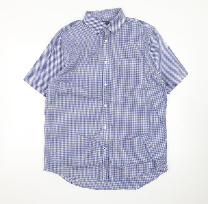 Marks and Spencer Men's Blue Check Regular Fit Short Sleeve Dress Shirt 16.5in 42