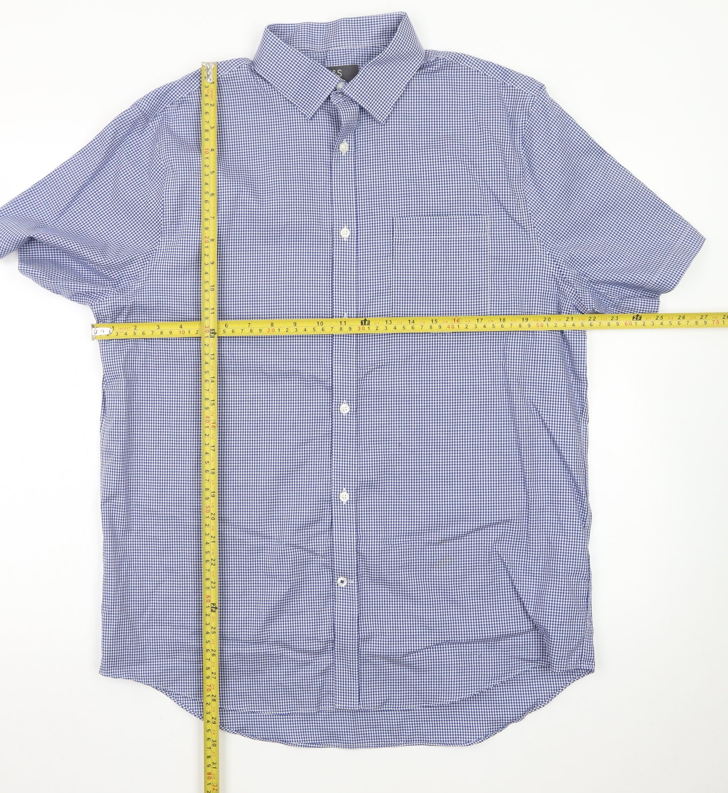Marks and Spencer Men's Blue Check Regular Fit Short Sleeve Dress Shirt 16.5in 42