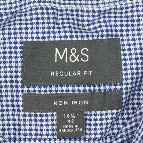 Marks and Spencer Men's Blue Check Regular Fit Short Sleeve Dress Shirt 16.5in 42