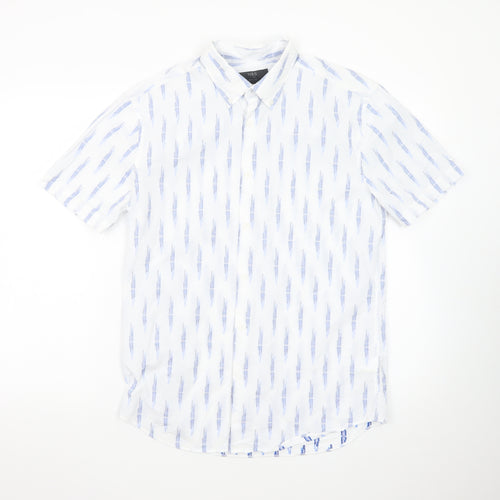 Marks and Spencer Men's White Geometric Short Sleeve Regular Fit Shirt S
